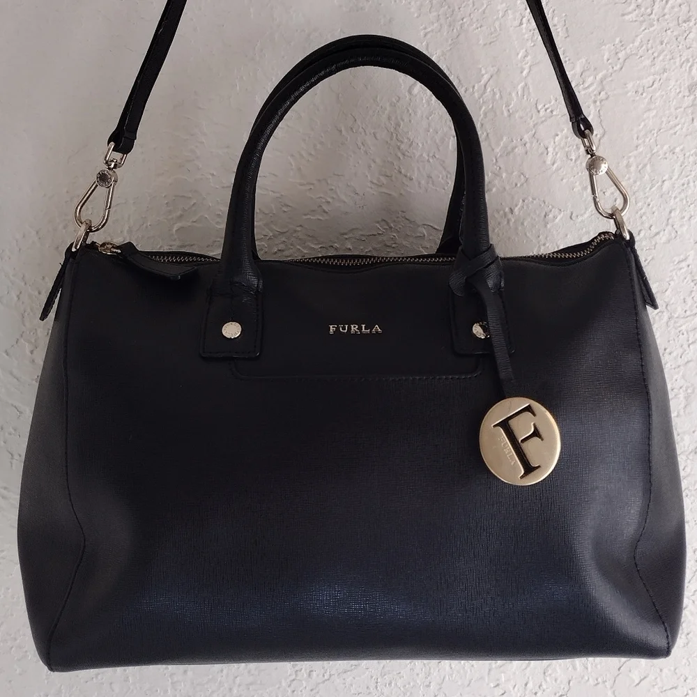 Furla Linda Medium Leather Black And Gold Satchel Bag